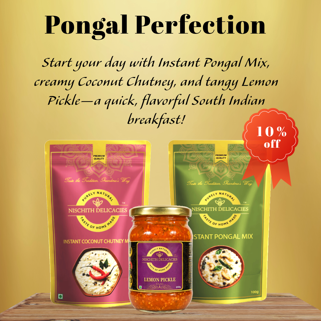 Pongal Perfection: Instant Pongal Mix 200gms + Instant Coconut Chutney 100gms + Lemon Pickle 100gms